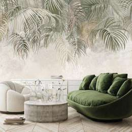 Fototapeta 3D do Pokoju Liście Beton Zieleń Beż Brąz