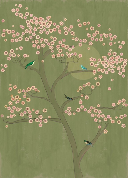 Mural na flizelinie 542110 drzewo wiśni z ptakami na zielonym tle