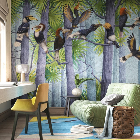 Mural Drzewa i kolorowe ptaki Hornbill 2 