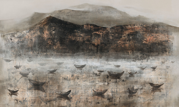 Tapeta artystyczna Wallart Barca łódki morze góry